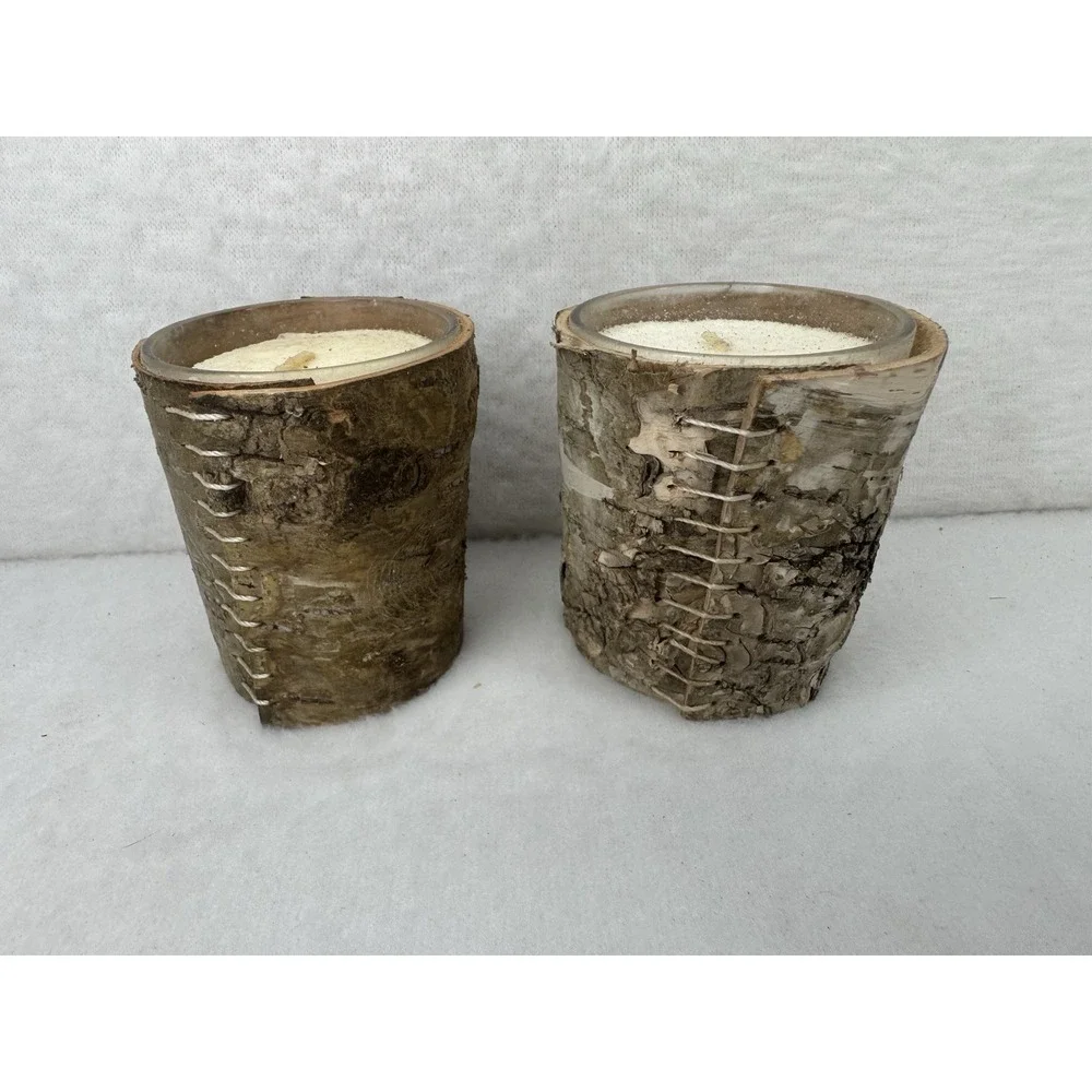 Crate & Barrel Birch Wrapped Votive Candles‎ Lot of 2 Rustic Wood Candles NEW